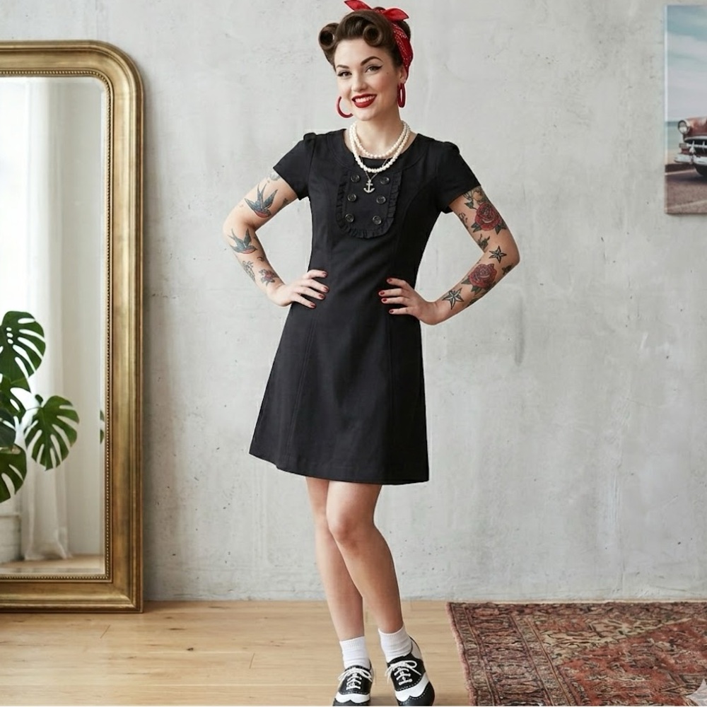 Retro Vintage BEBOP PINUP ROCKABILLY Black Dress SZ M BUTTONS SKATER
